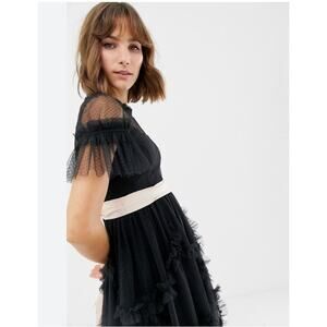 NEEDLE & THREAD Sz 12 US 16 UK Black Tulle Skater Dress Shirring Detail Pink Tie